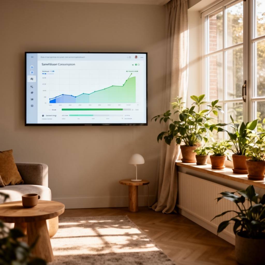 Intérieur cosy avec un écran de gestion d'énergie affichant des graphiques de consommation solaire dans une pièce ensoleillée.
