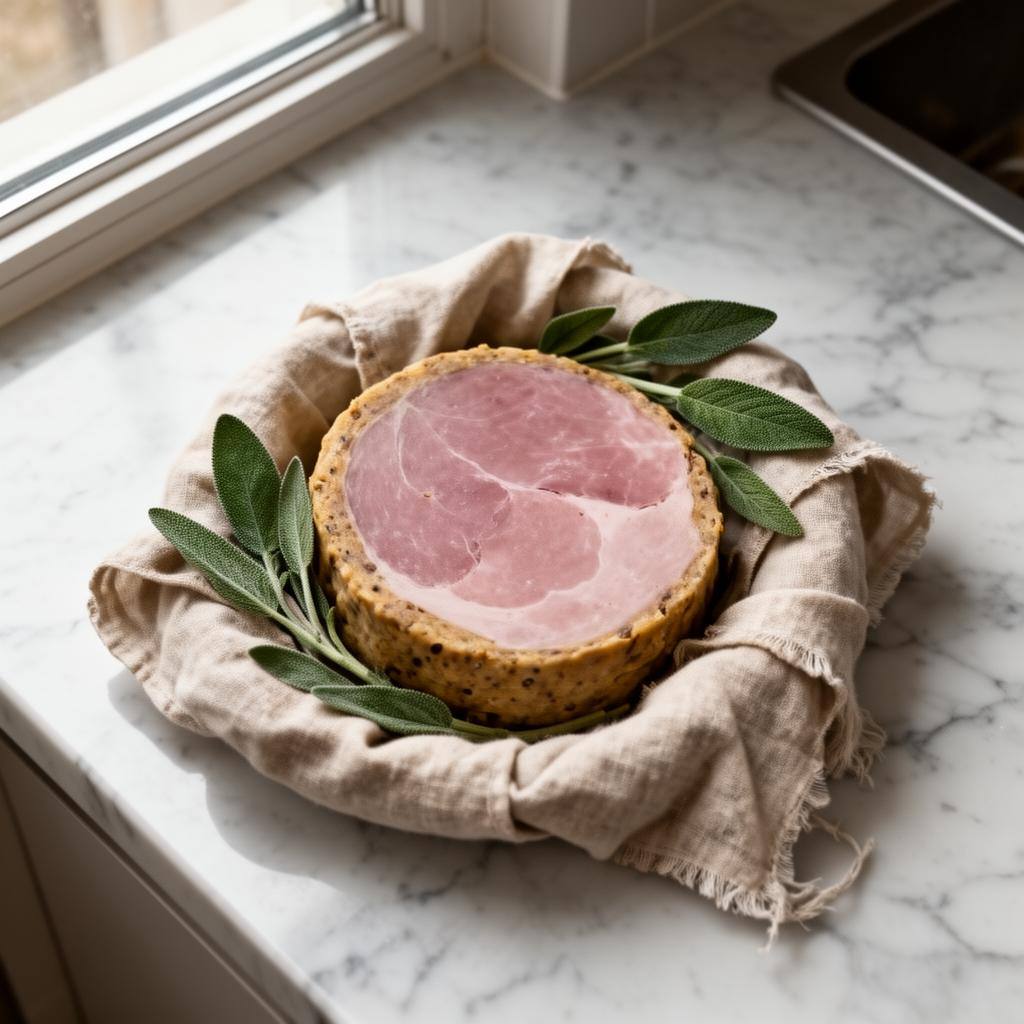 Jambon végétal au lupin enveloppé dans un linge, accompagné de feuilles de sauge, sur un plan de travail en marbre.