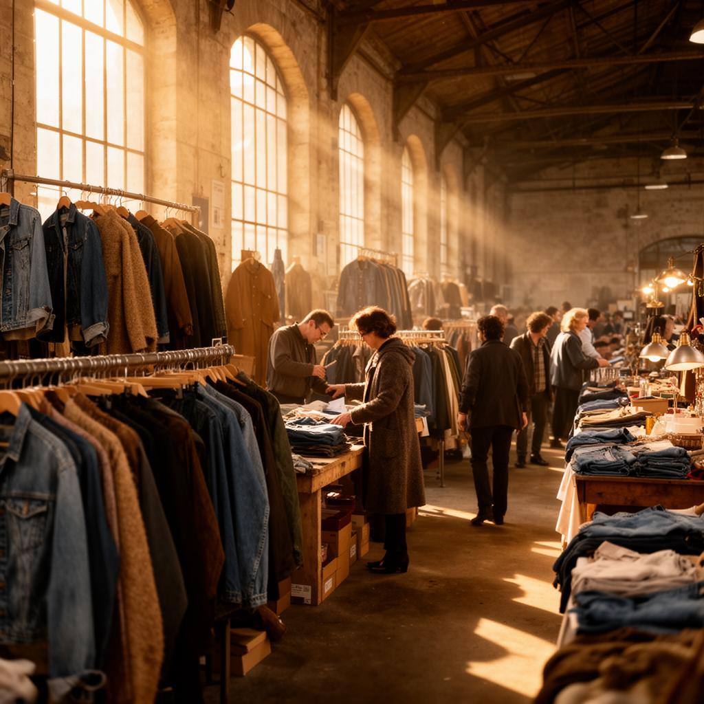 Helle Secondhand-Markthalle in Europa mit Vintage-Kleidung an Holzständern und Menschen beim Stöbern