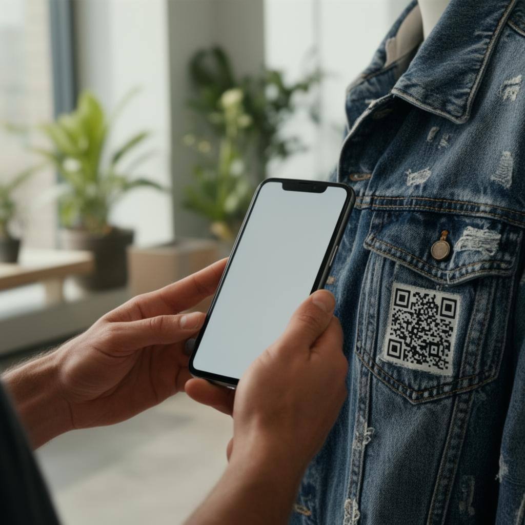 Person scannt mit Smartphone einen QR-Code an einer recycelten Jeansjacke, um das Produkt zu verifizieren