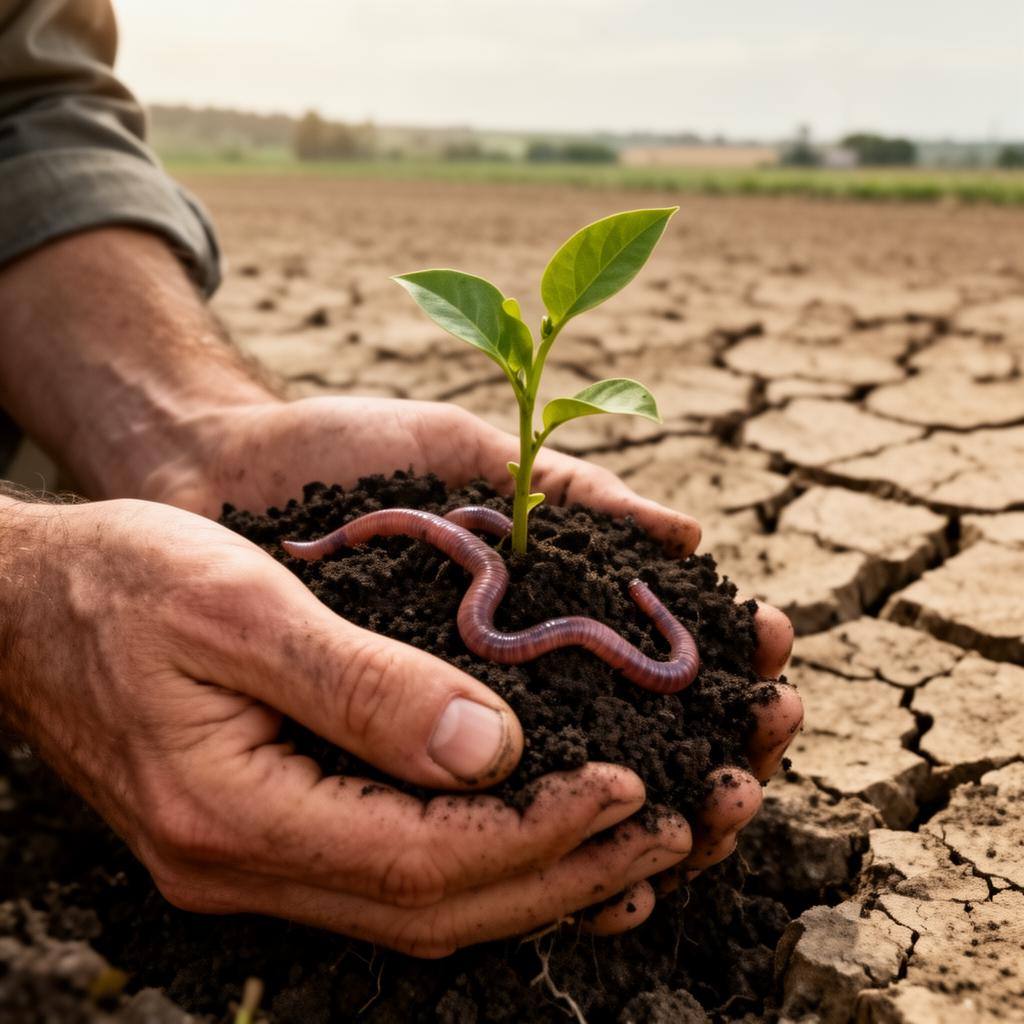 Manos de agricultor con tierra fértil y lombrices frente a campo árido