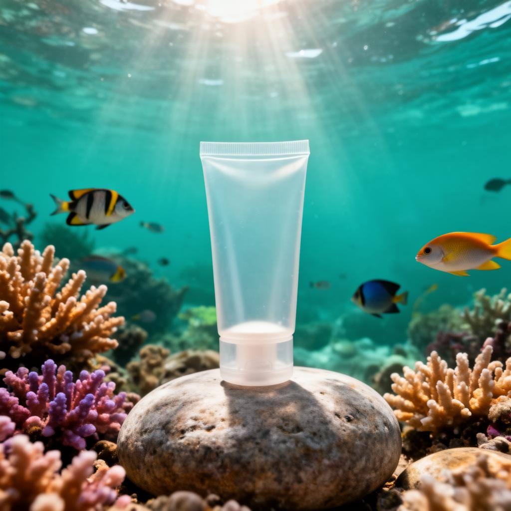 Non-nano-Zinksonnencreme auf einem Felsen vor einem Korallenriff unter Wasser