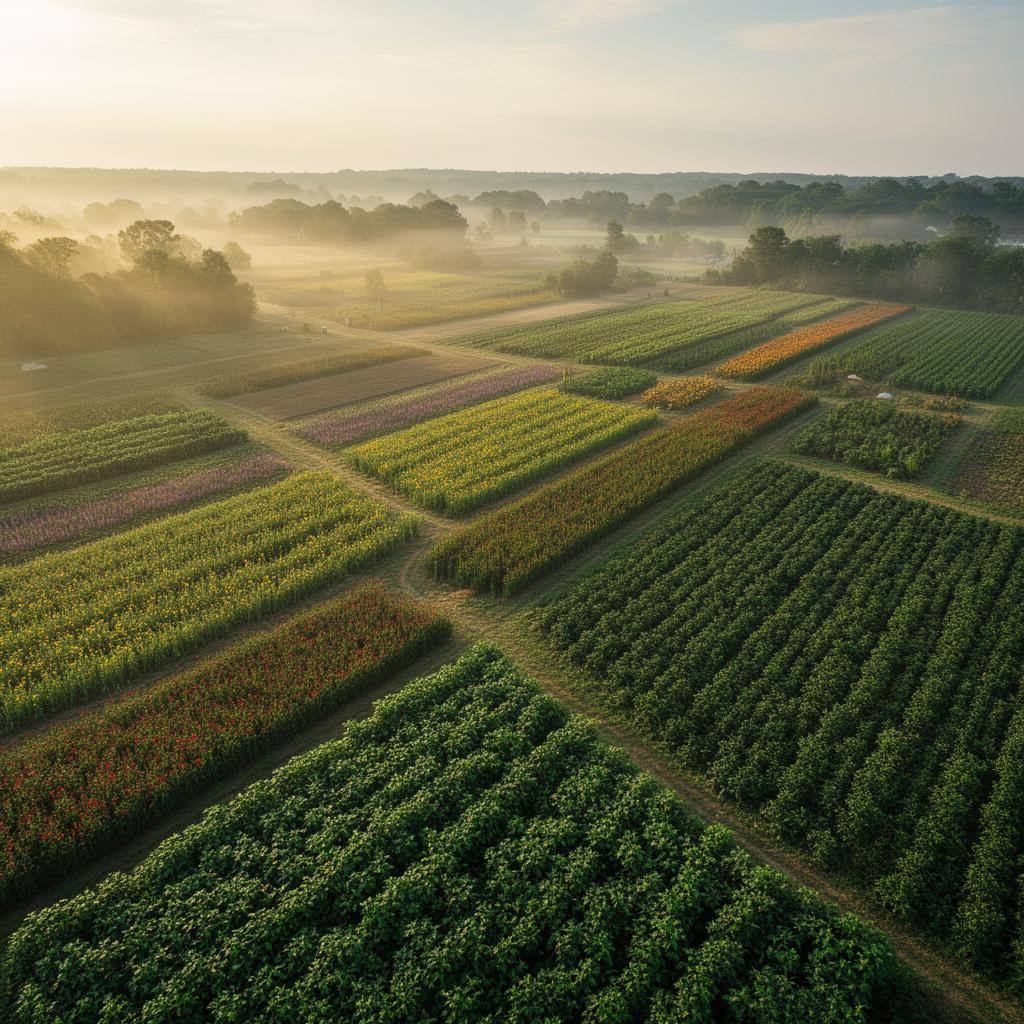 Vista aérea de un campo diverso con cultivos en rotación y franjas florales, típico de la agricultura regenerativa.