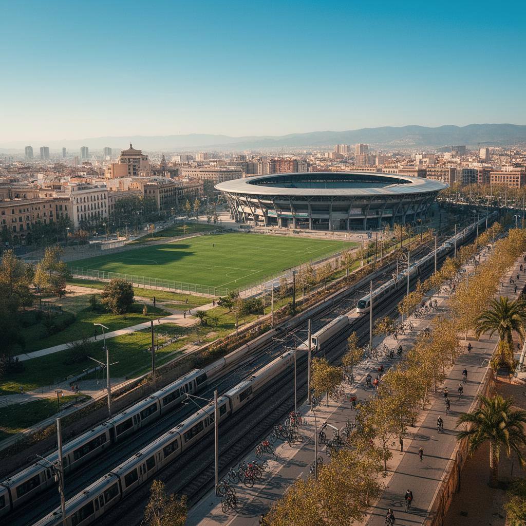 Vista aérea de un estadio de fútbol en una ciudad española con zonas verdes y transporte eléctrico.