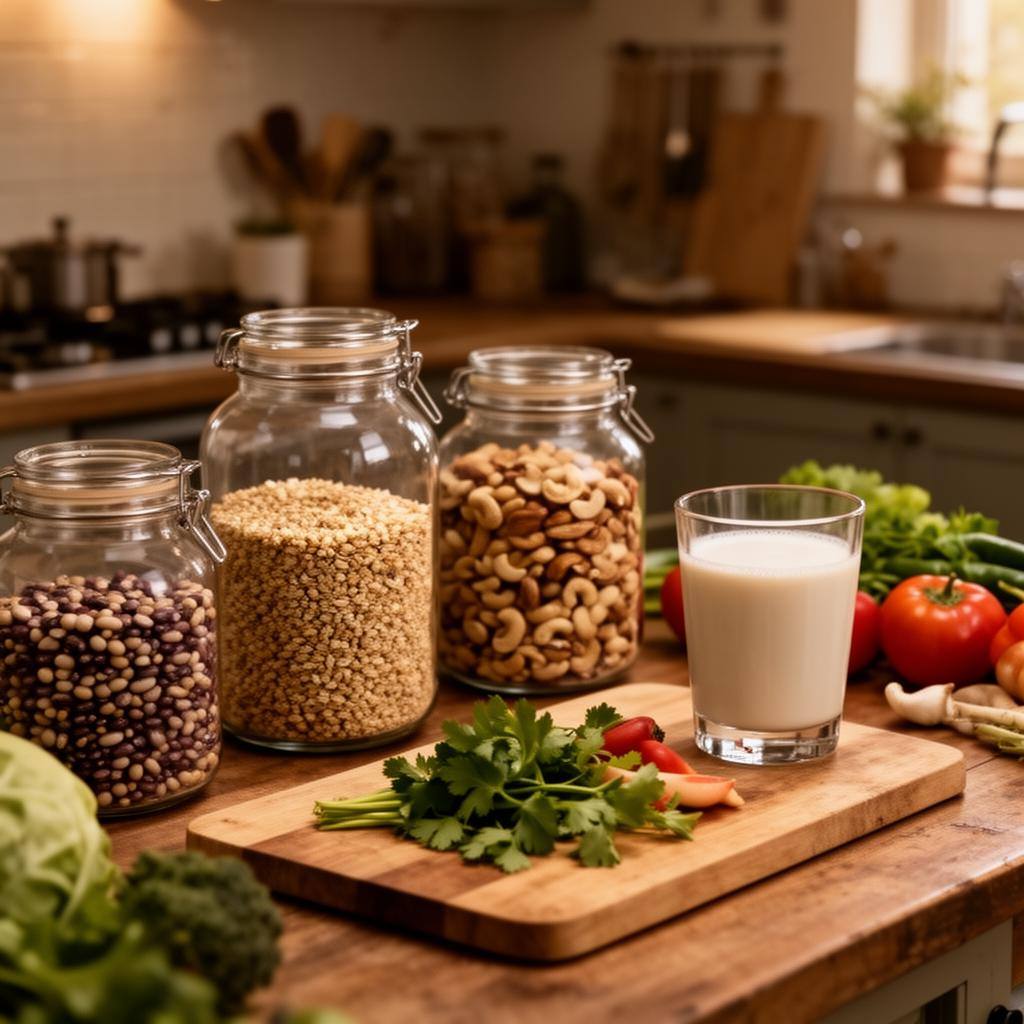 Уютная веганская кухня с банками бобовых, круп и свежими овощами.