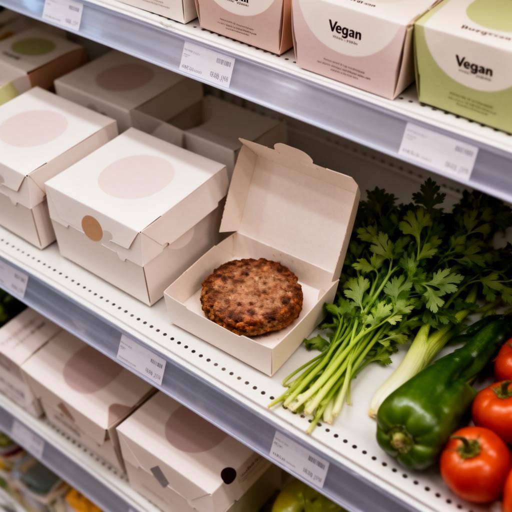 Estante de supermercado con cajas de hamburguesas veganas de diseño limpio y una abierta.