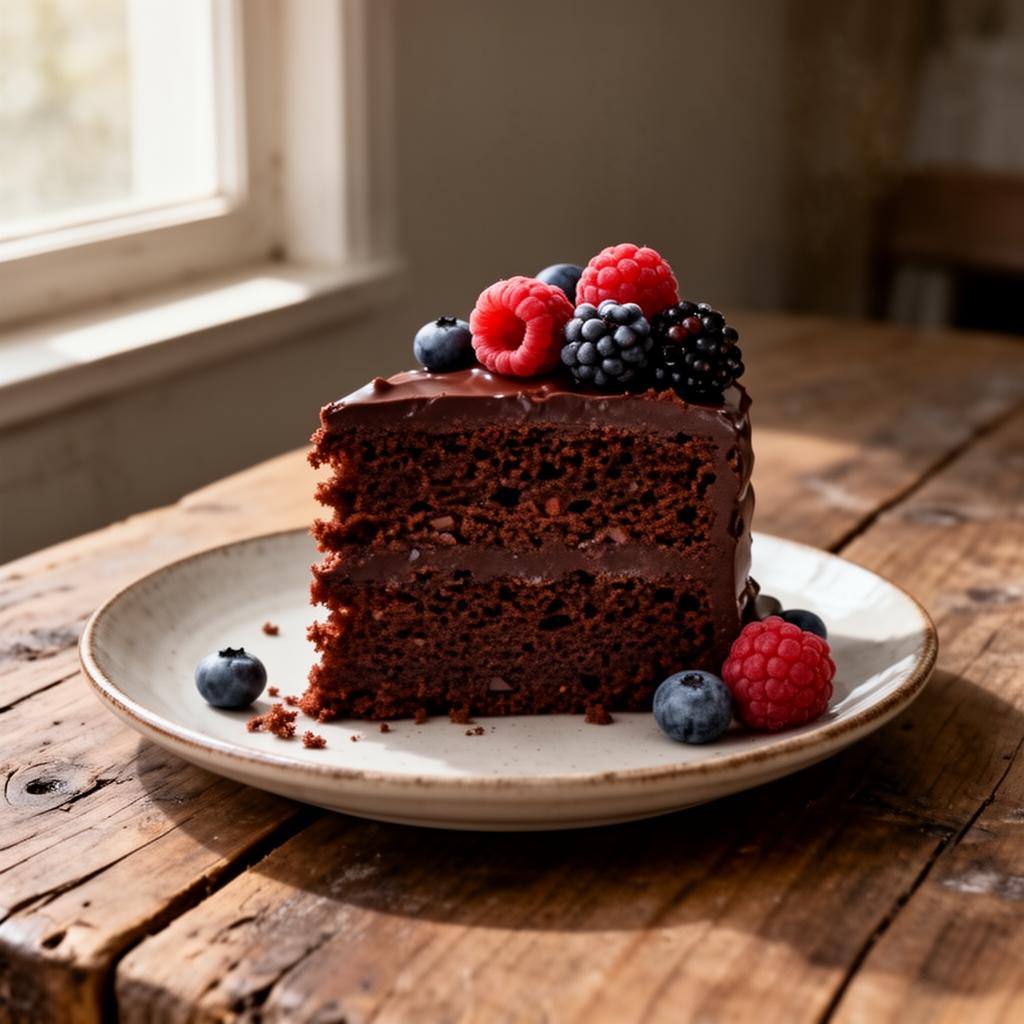 Fatia de bolo de chocolate vegano com frutas vermelhas em mesa rústica.