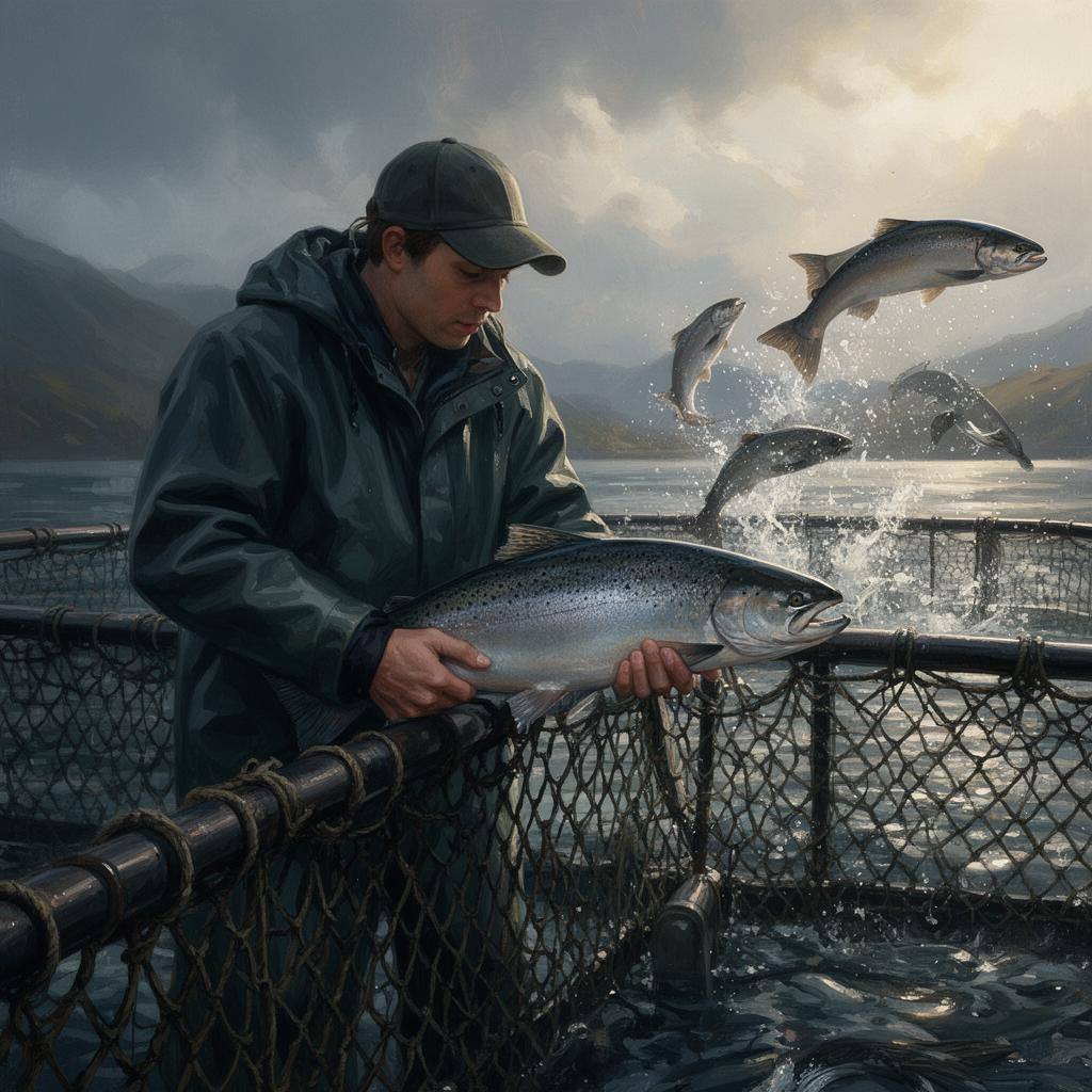 Worker's hands in rubber gloves checking a net full of salmon, water glistening under sunlight.
