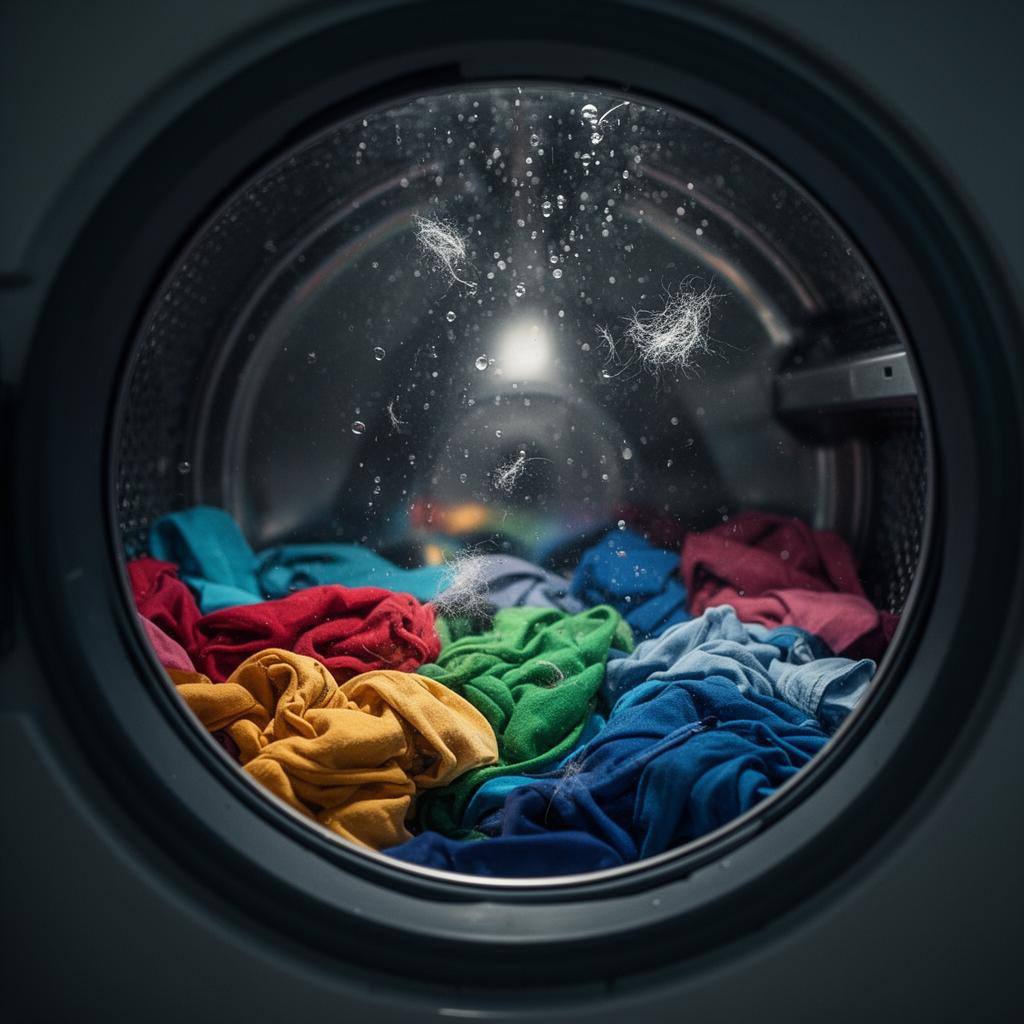 Waschmaschine mit synthetischer Kleidung und sichtbaren Mikrofasern in der Luft