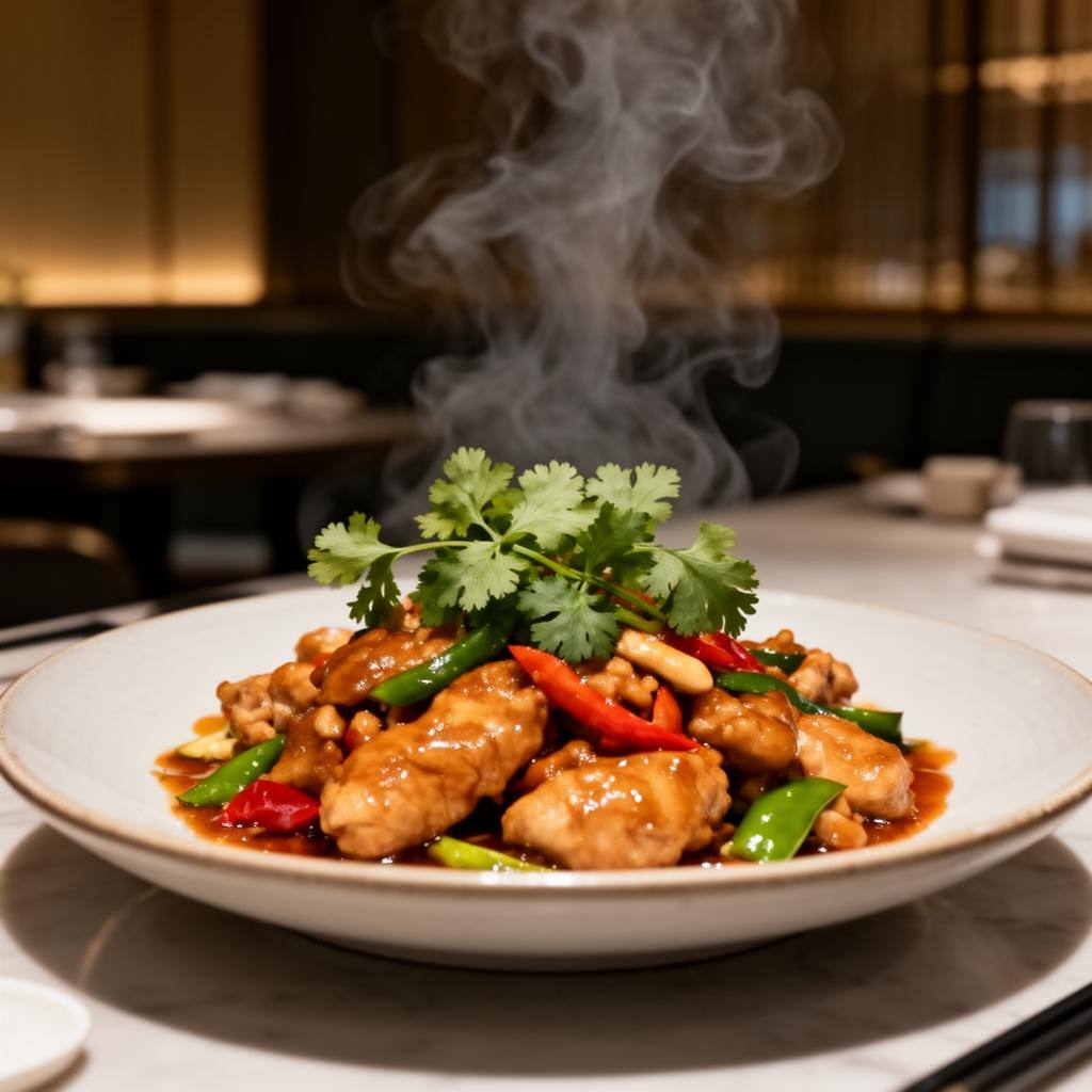 上海高端餐厅中一盘精致的宫保鸡丁,用培养鸡肉制作,点缀新鲜香草。
