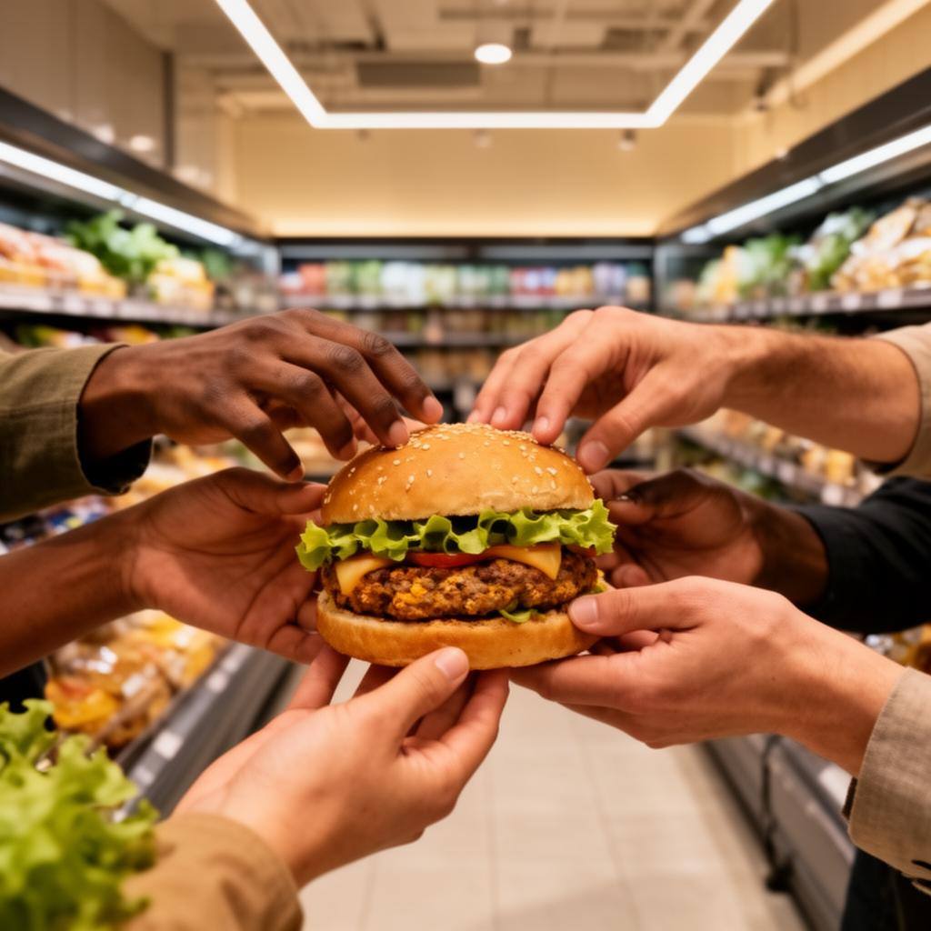 Diverse hands reaching for a plant-based burger in a grocery store.