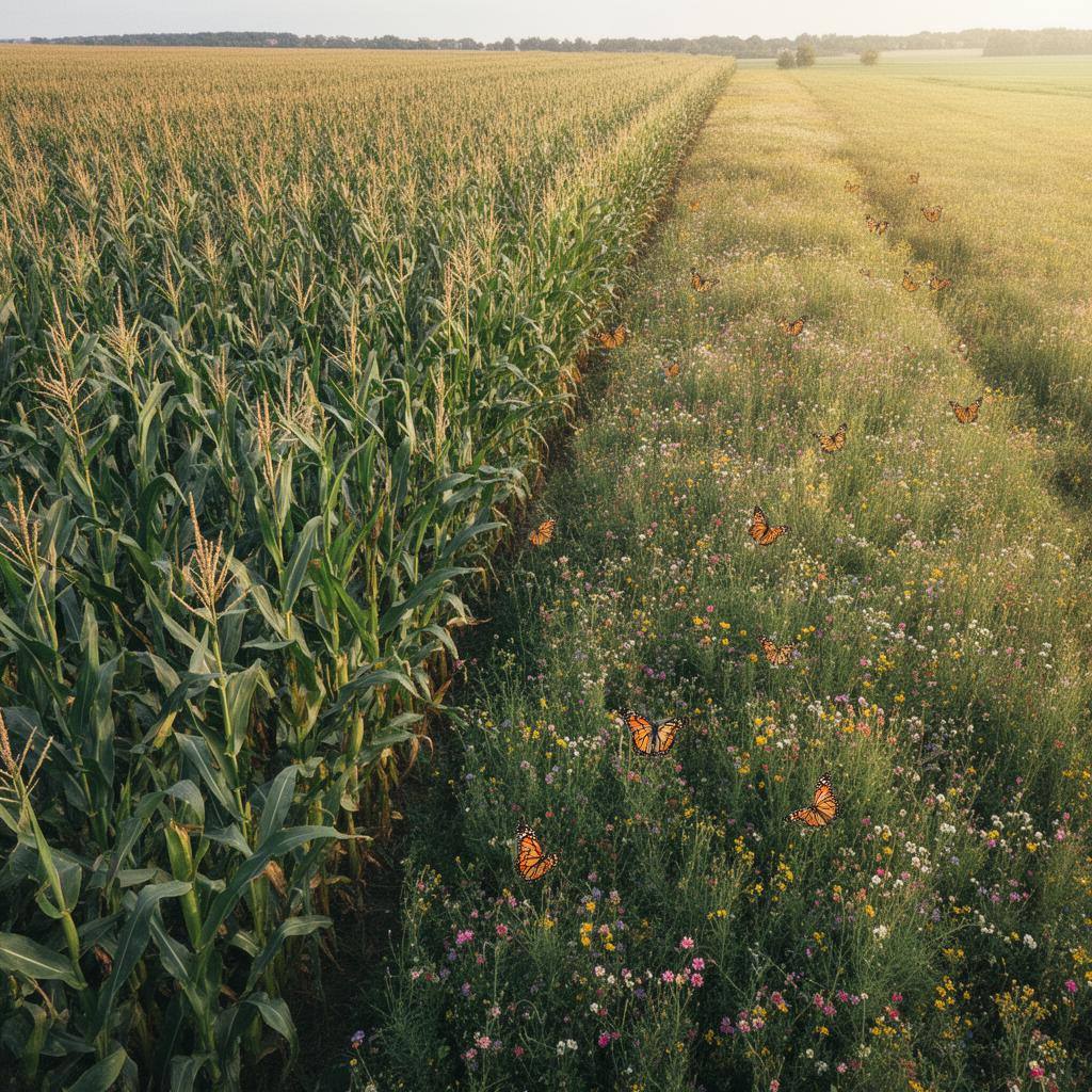 Aerial view of a restored prairie patch with wildflowers and butterflies, contrasting with surrounding monoculture fields.