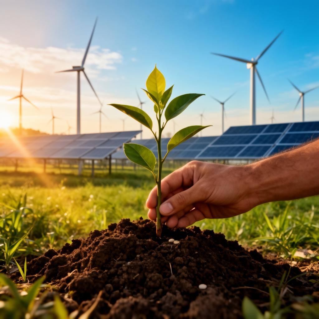 Hand planting a seedling with wind turbines and solar panels in background