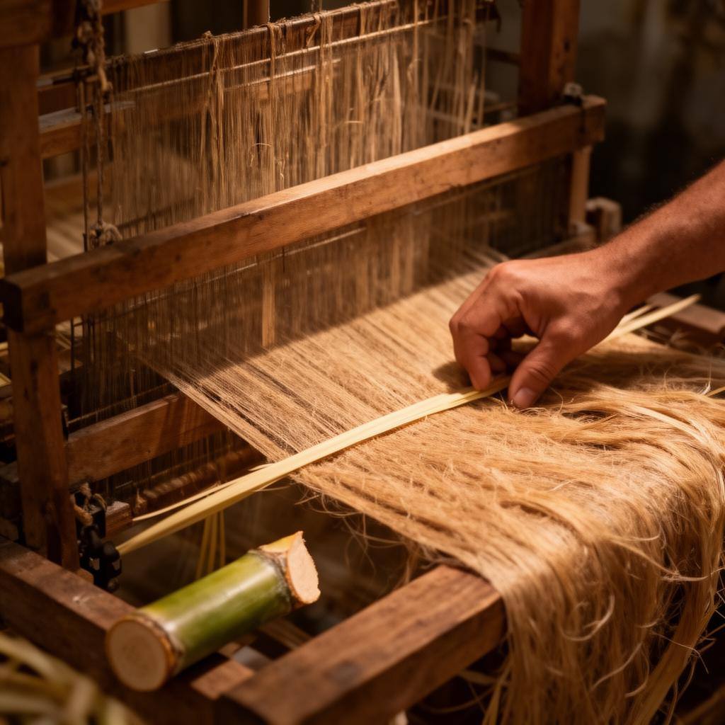 Close-up of hands weaving pineapple leaf fibers for vegan furniture, illustrating sustainable material sourcing in 2026.