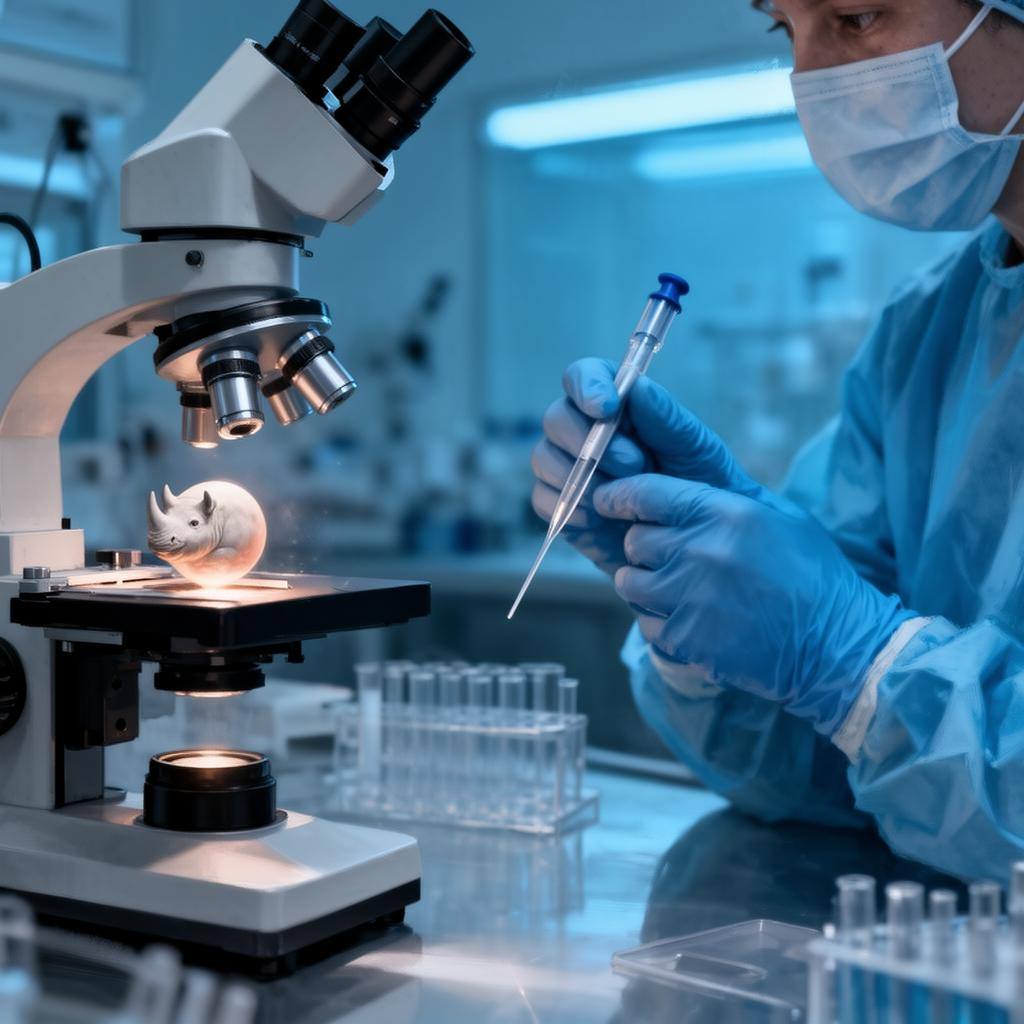 Embrião de rinoceronte-branco-do-norte sob microscópio em laboratório avançado.
