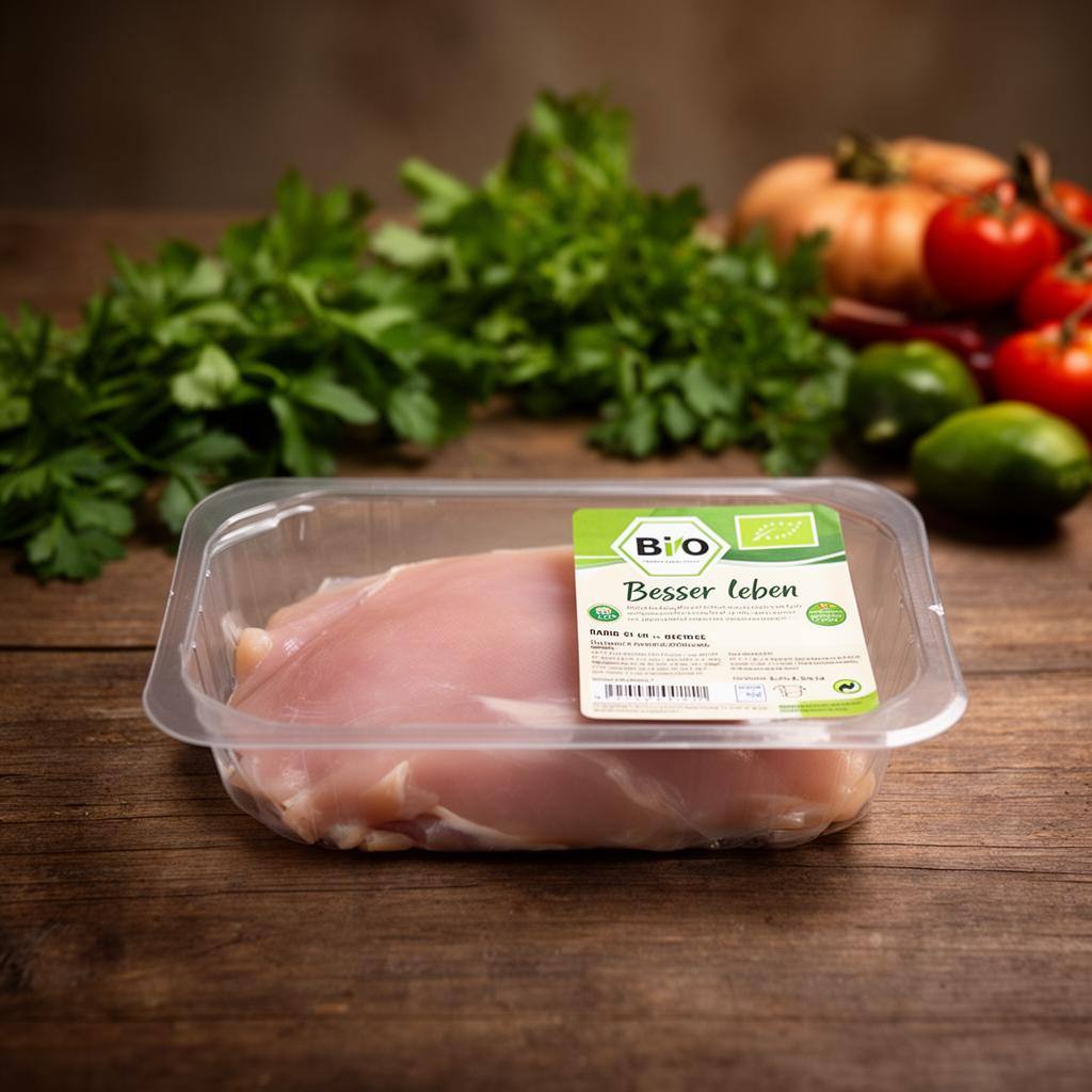 Verpacktes Bio-Hähnchenfleisch mit Tierwohl-Label auf Holzuntergrund