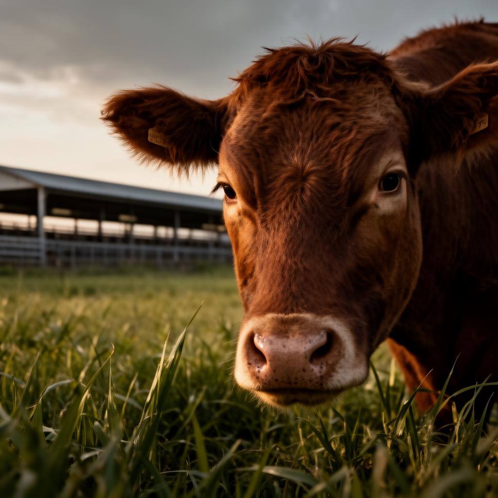 Portrait rapproché d'une vache dans un pré, avec un feedlot flou en arrière-plan.