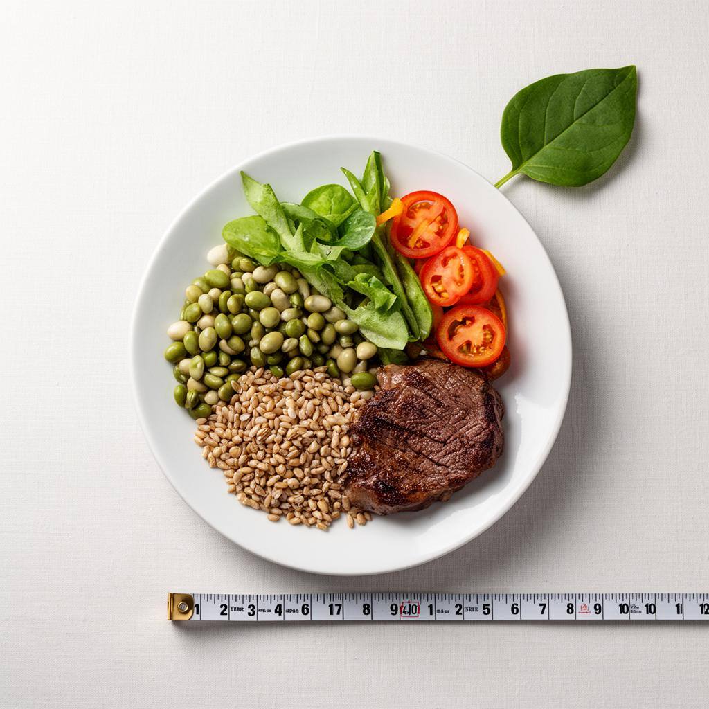 Assiette avec légumineuses, céréales et légumes, accompagnée d'une petite portion de viande, vue de dessus.