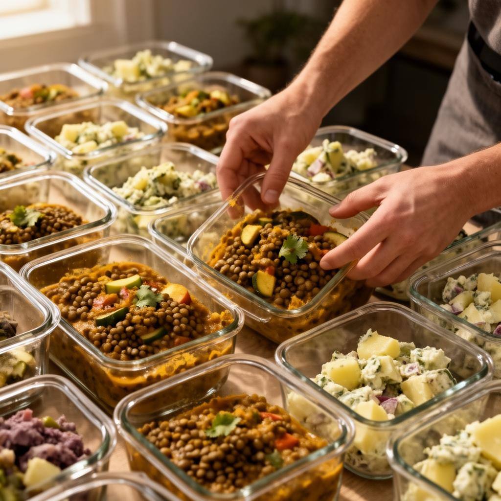 Hände portionieren vegane Gerichte in Glasbehälter für die Woche vor