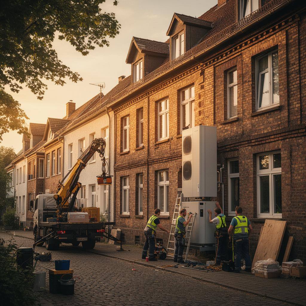 Monteure installieren eine Wärmepumpe an einem Backsteingebäude in einer Straße.