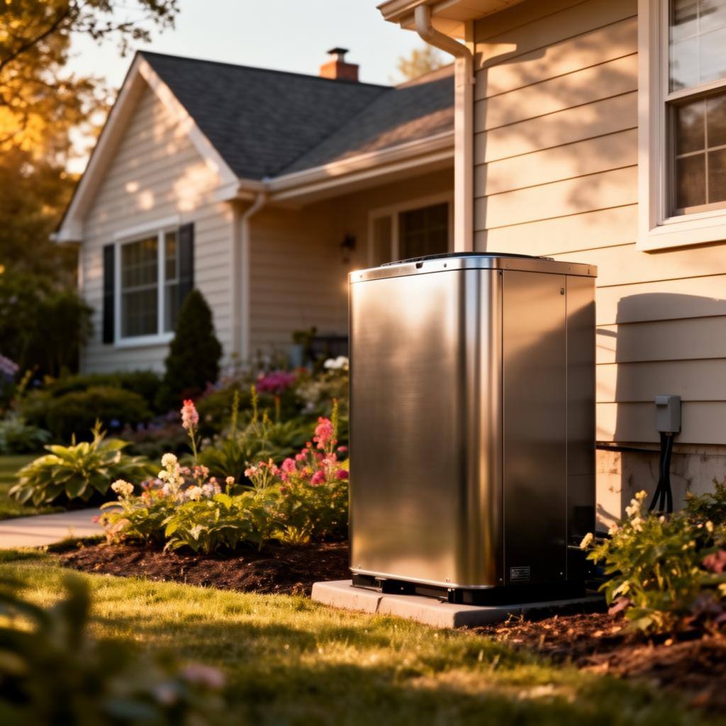 Modern heat pump unit outside a house with landscaping and sunlight.