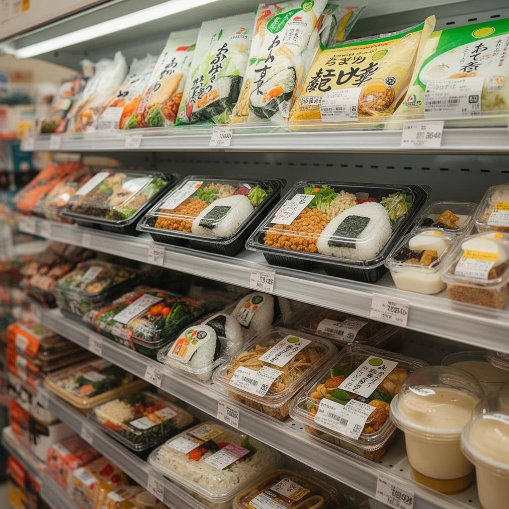 2026年のコンビニ店内のヴィーガン専用棚に並ぶ植物性弁当やおにぎり、豆乳デザートの様子