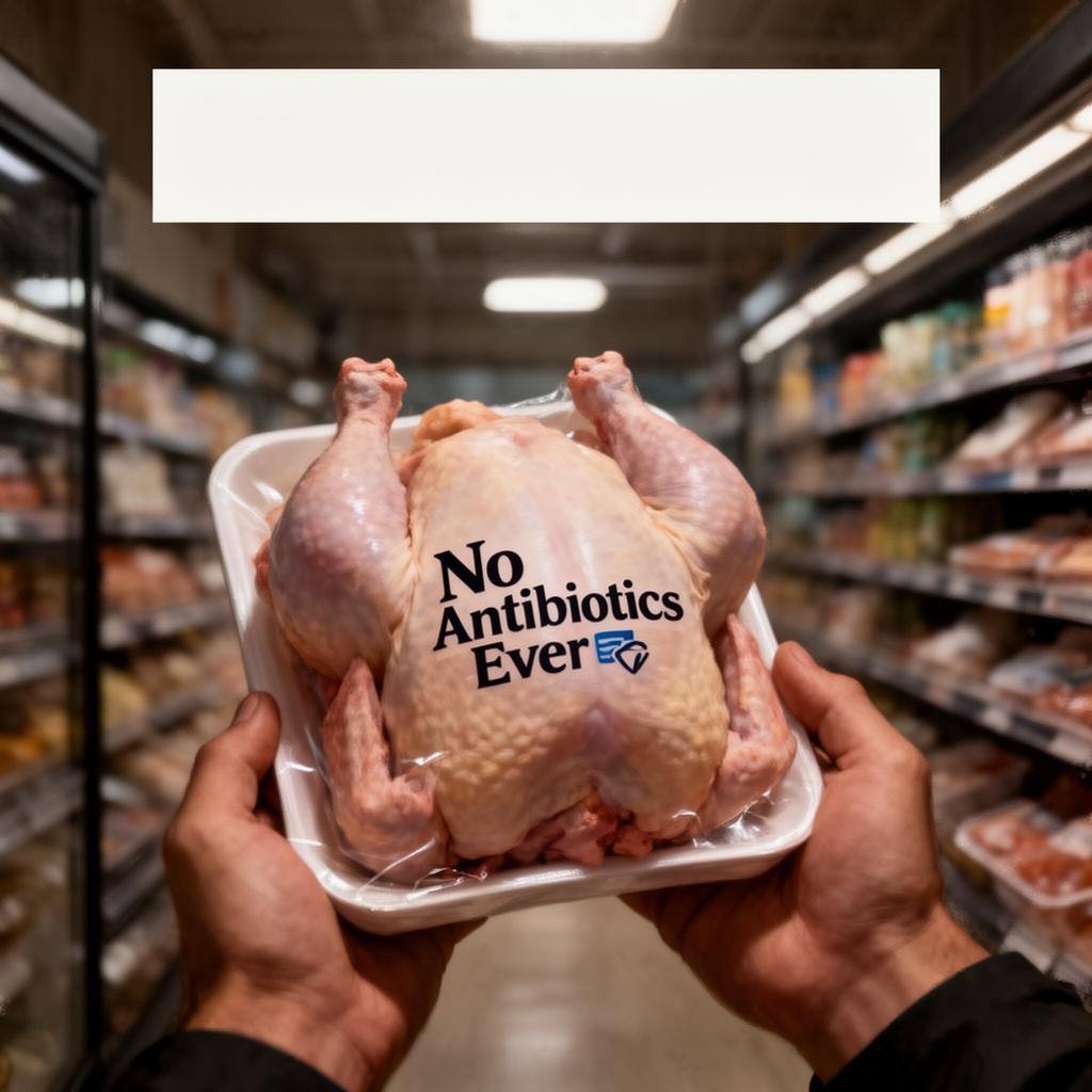 手に持ったNo Antibiotics Ever表示のある鶏肉パッケージ、背景はぼやけたスーパー