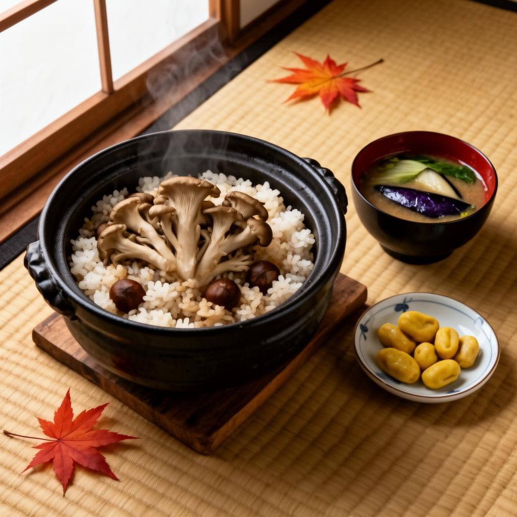黒い土鍋で炊かれた栗と舞茸の炊き込みご飯と、ナス入り味噌汁、銀杏一皿を畳の上で見下ろした秋のプラントベース食卓
