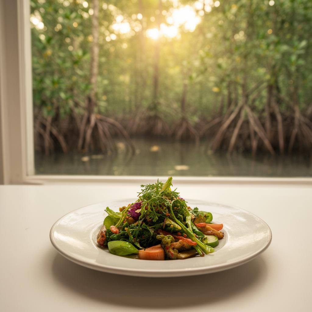 窓辺に置かれた鮮やかな菜食料理と、背景に広がるマングローブ林の風景