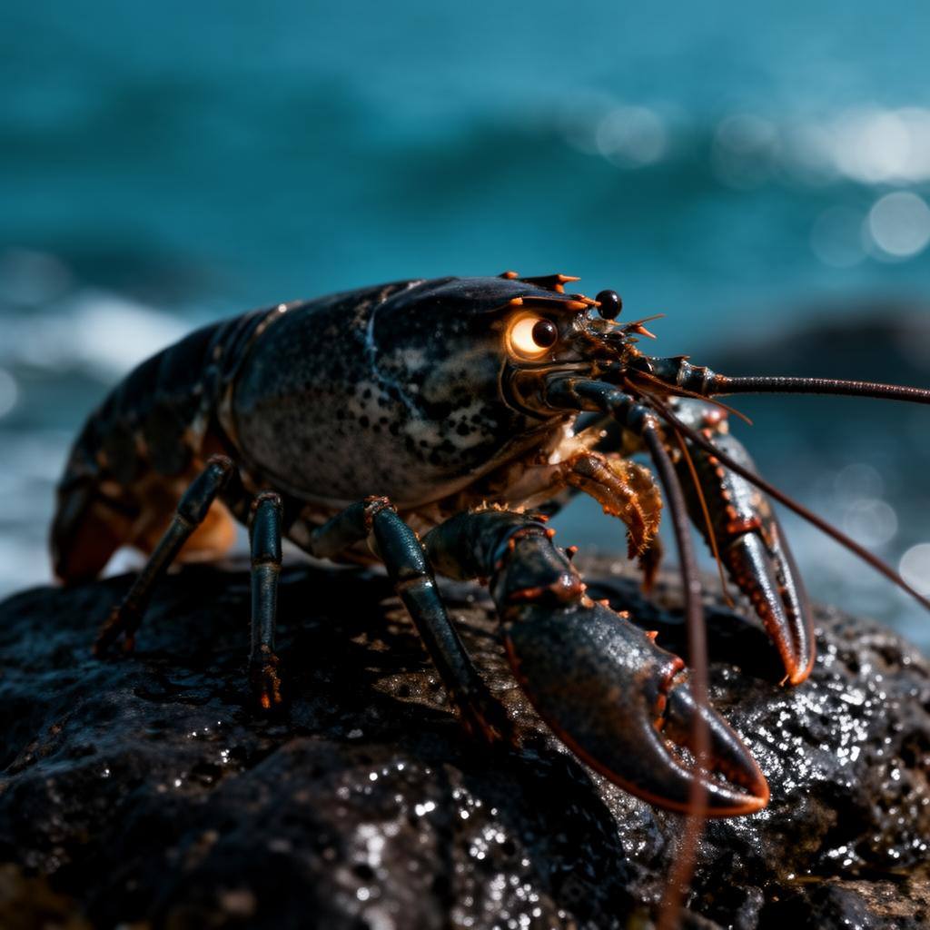 Europäischer Hummer auf nassem Fels mit dramatischer Seitenbeleuchtung, Meeresblau-Hintergrund mit Bokeh