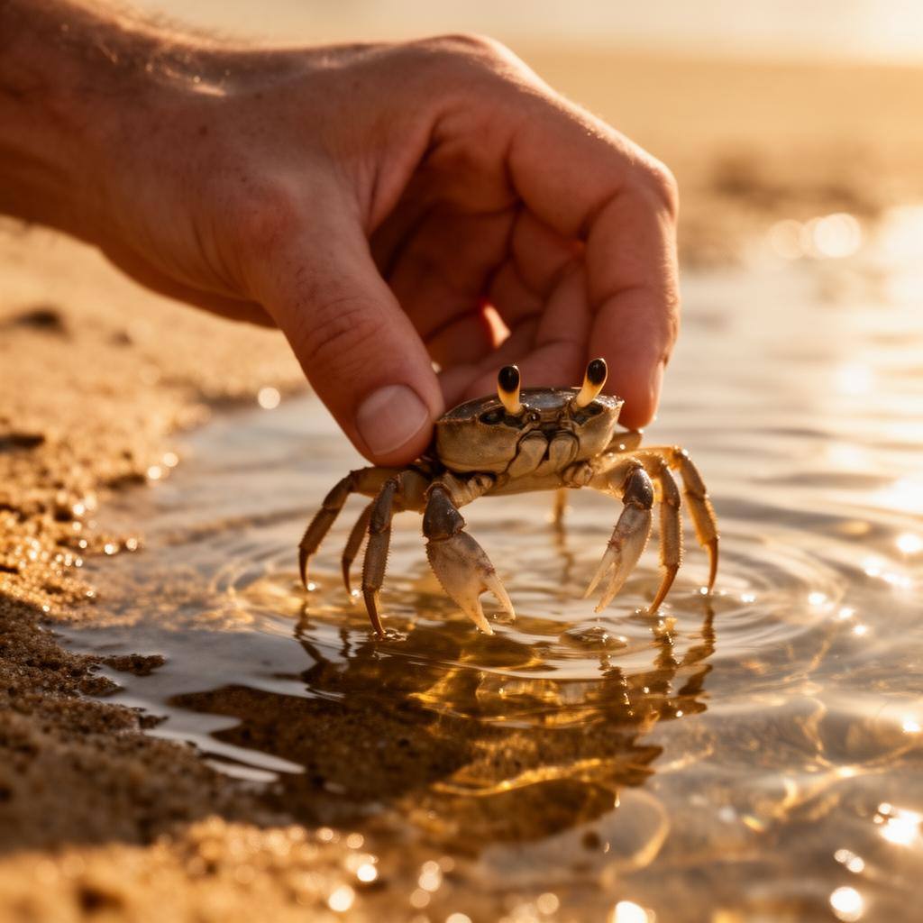 Hand hält eine kleine Strandkrabbe über einen Gezeitentümpel im warmen Abendlicht, Makroaufnahme