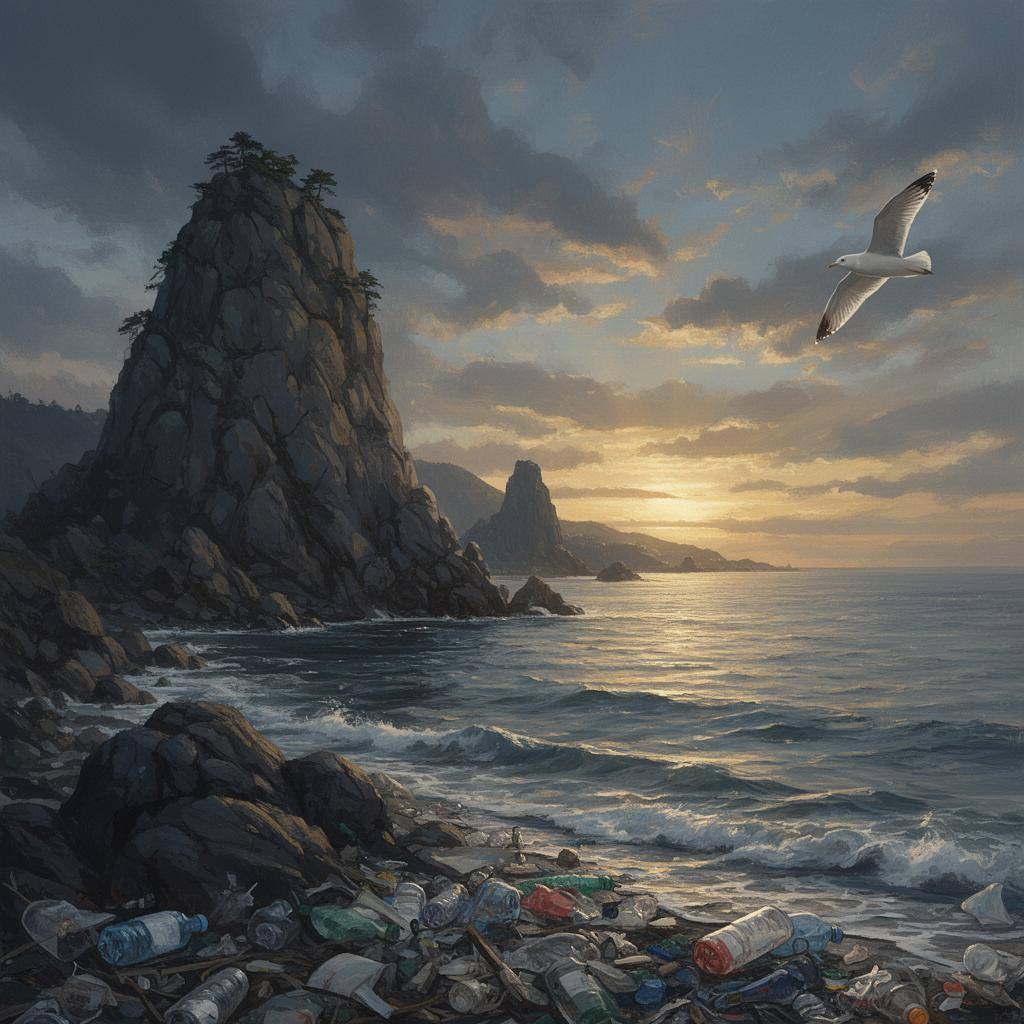 金色の夕暮れ時に日本の海岸線に漂うプラスチックごみと点在する岩のコントラスト。