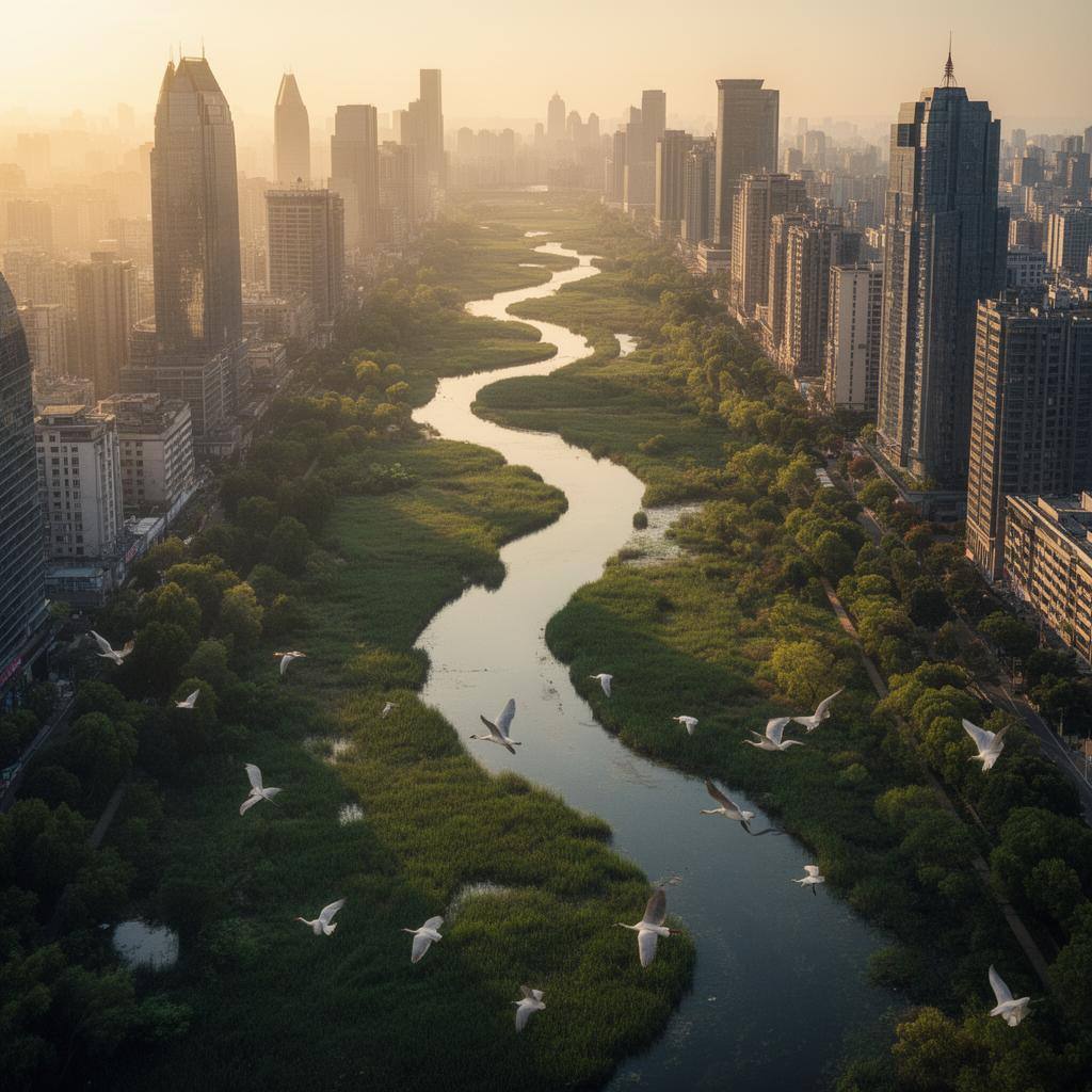 北京城市绿廊如绿色丝带在高楼间蜿蜒，湿地上水鸟飞舞，夕阳金光洒满植被