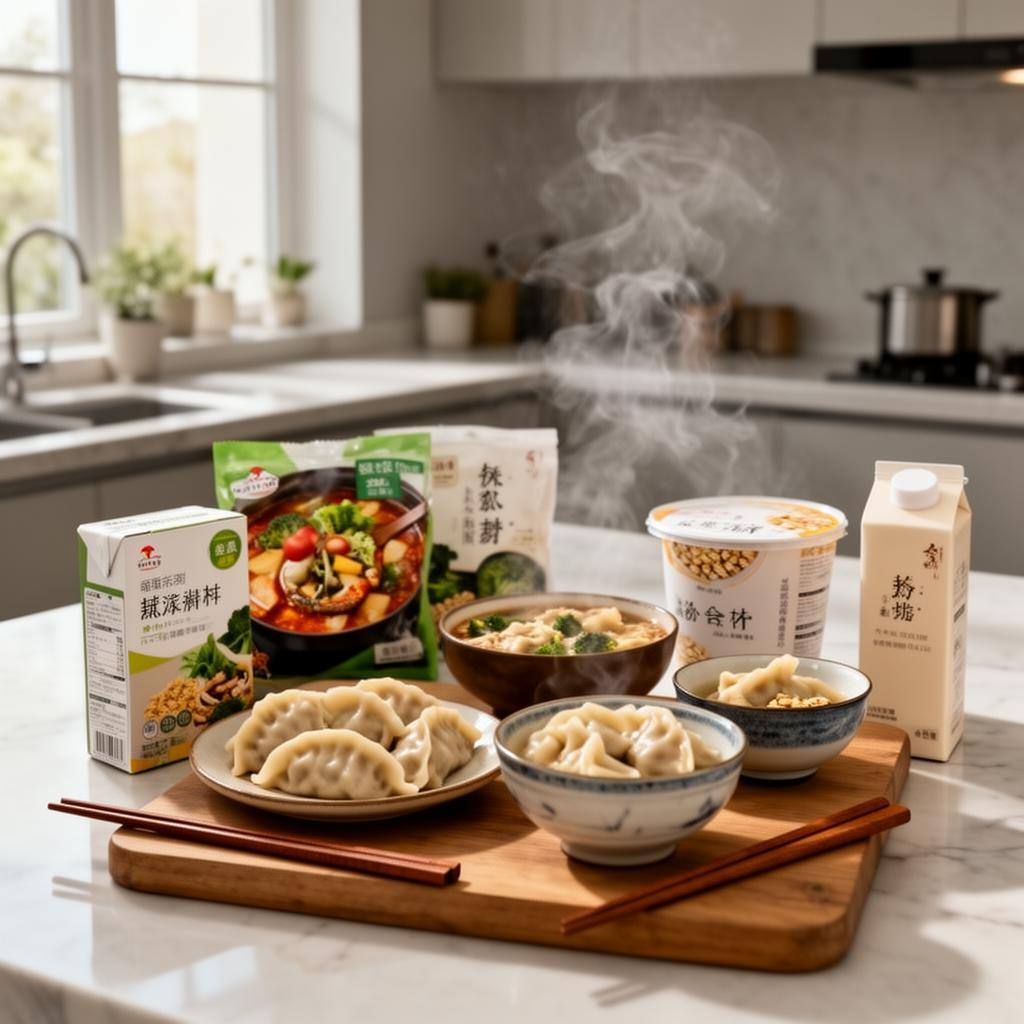 现代厨房中摆放各类植物基方便食品的俯拍图，包括饺子、自热火锅和燕麦奶。