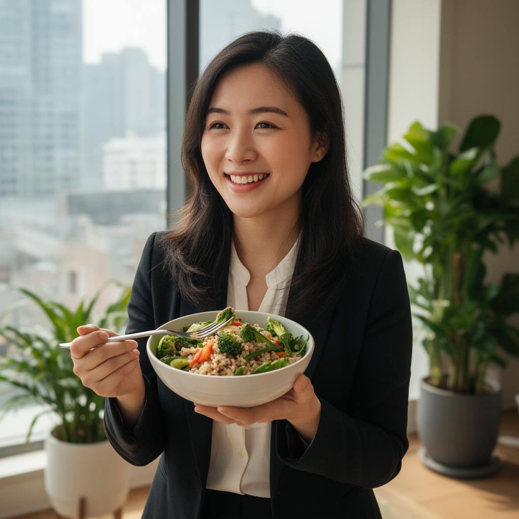 年轻职业女性在明亮公寓中手持植物基饭碗，面带微笑，背景有绿植。