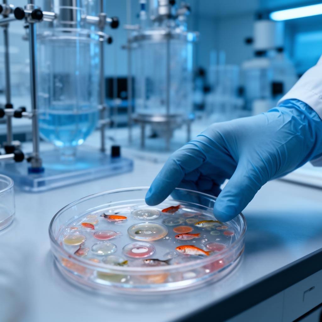 Makroaufnahme von kultivierten Fischzellkulturen in einer Petrischale, Laborumgebung mit Wissenschaftlerhand und Bioreaktorn im Hintergrund.