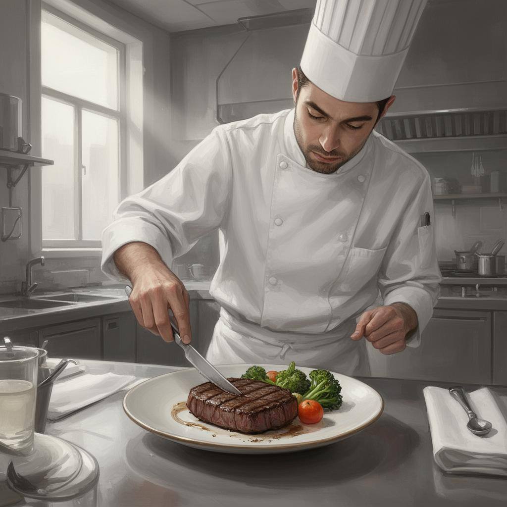 Koch in moderner Restaurantküche, der ein kultiviertes Steak mit frischem Gemüse anrichtet, Tageslicht und neutrale Farben.