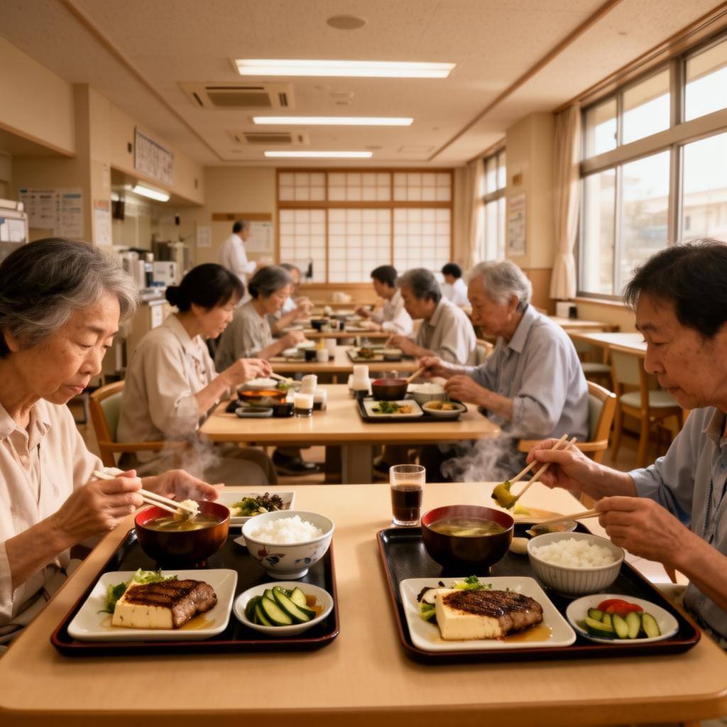日本の病院食堂で、味噌汁や豆腐ステーキなどの植物性メニューを楽しむ患者たちの様子。