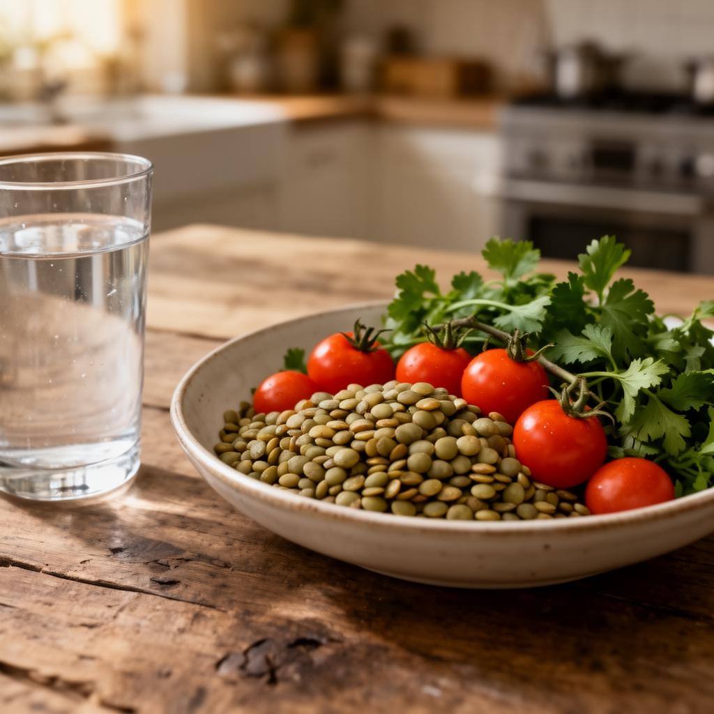 Bol de lentilles et tomates cerises sur table rustique