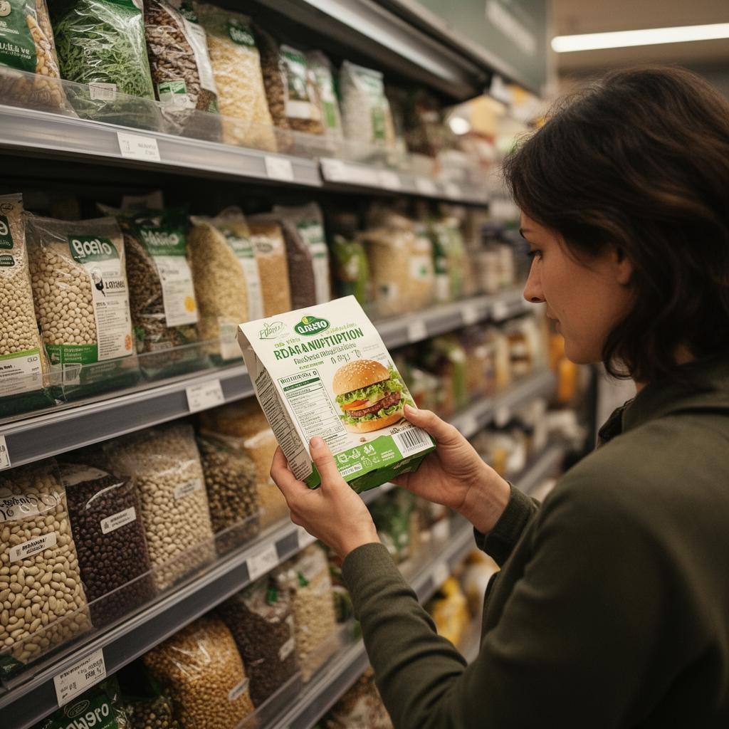 Personne lisant l'étiquette d'un burger végétal au supermarché