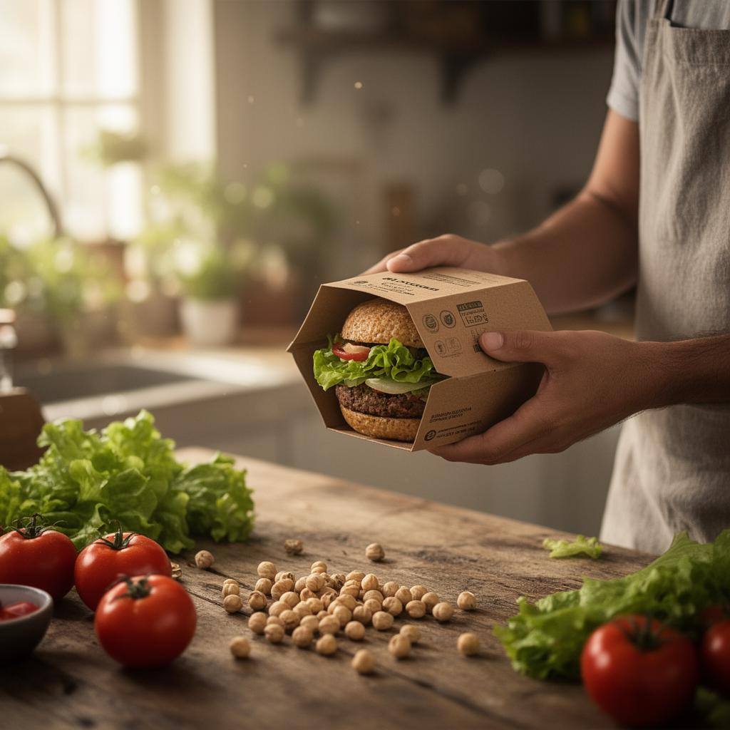 Prateleira de supermercado em Portugal com variedade de carne vegetal em embalagens coloridas