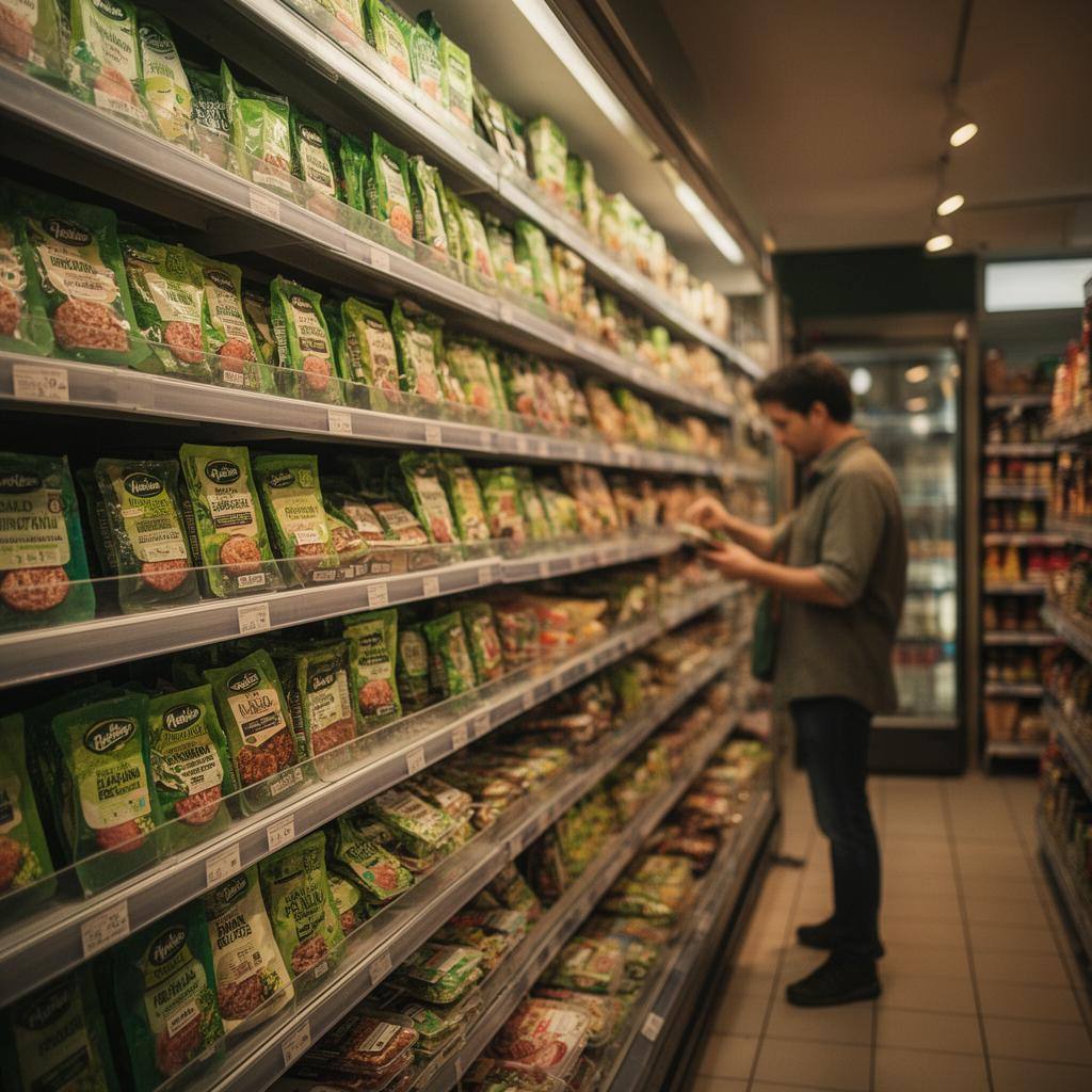 Prateleira de supermercado em Portugal com variedade de carne vegetal em embalagens coloridas