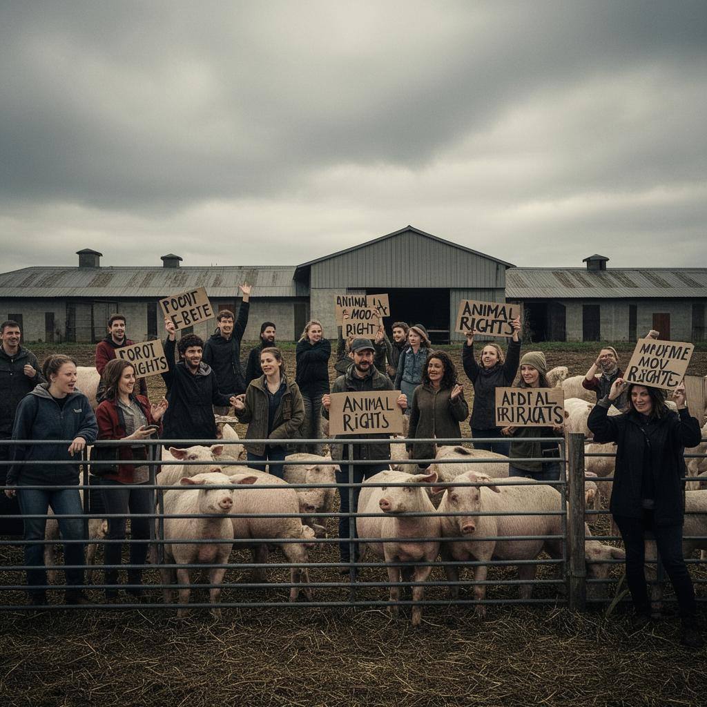 Manifestation pour les droits des animaux devant une ferme
