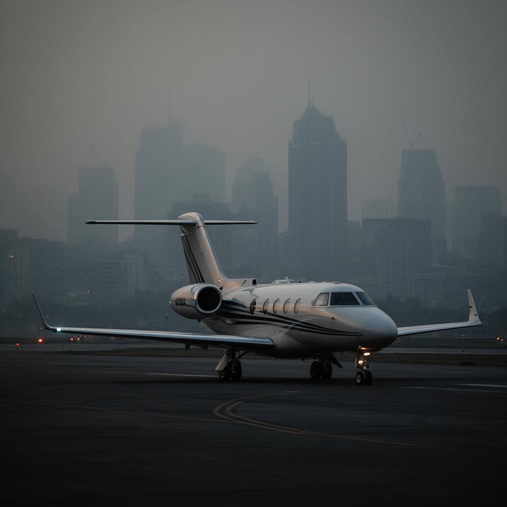 Private jet at dusk with smog-filled skyline, symbolizing celebrity luxury emissions.