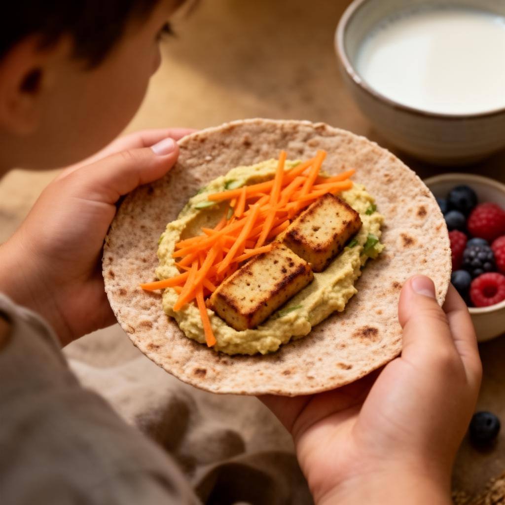 Niño sosteniendo una tortilla vegana con hummus y verduras