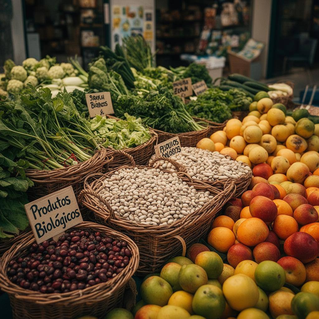 Mercado vegano con productos frescos y señales de biológicos