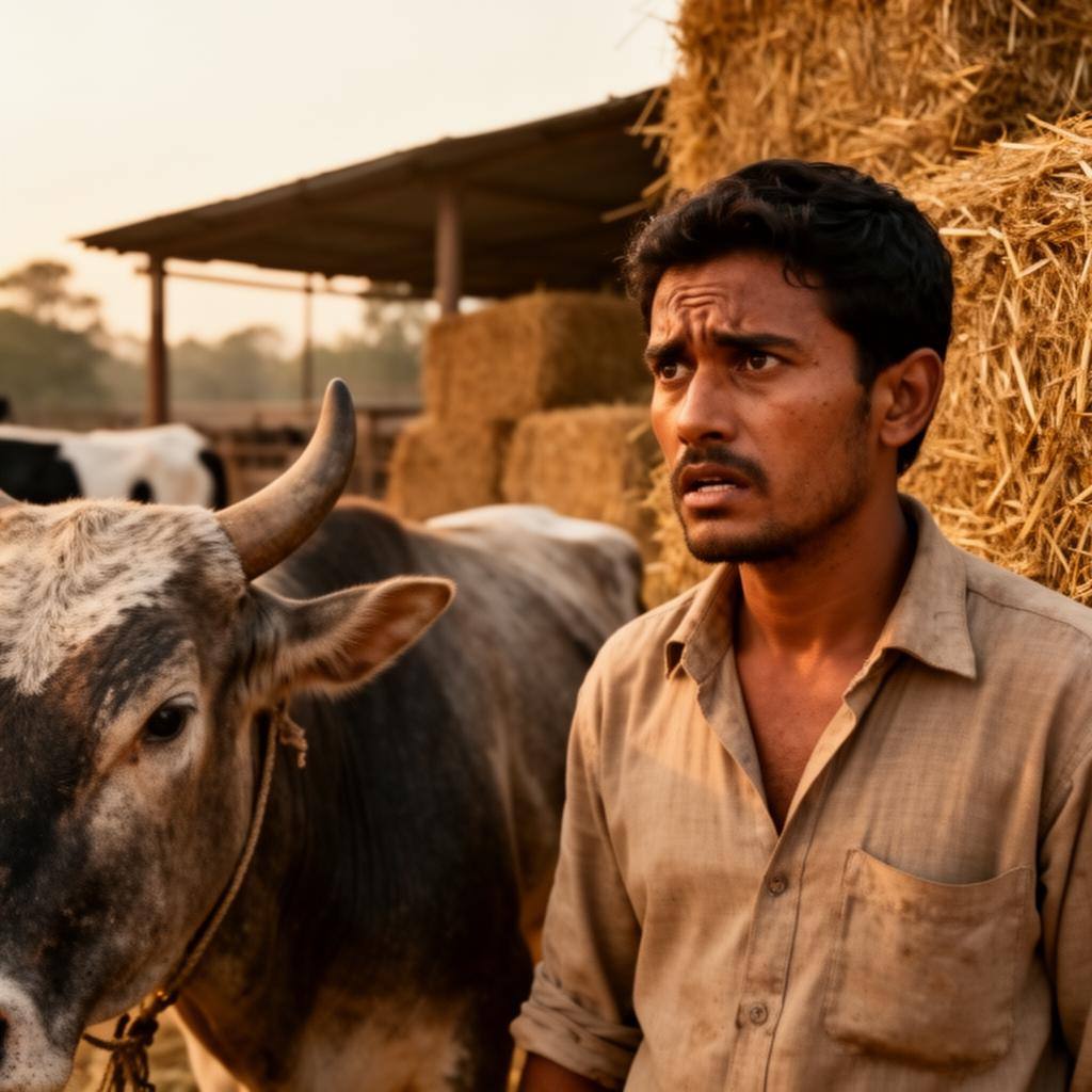 उदास डेयरी किसान बूढ़े बैल के साथ खेत में खड़ा है।