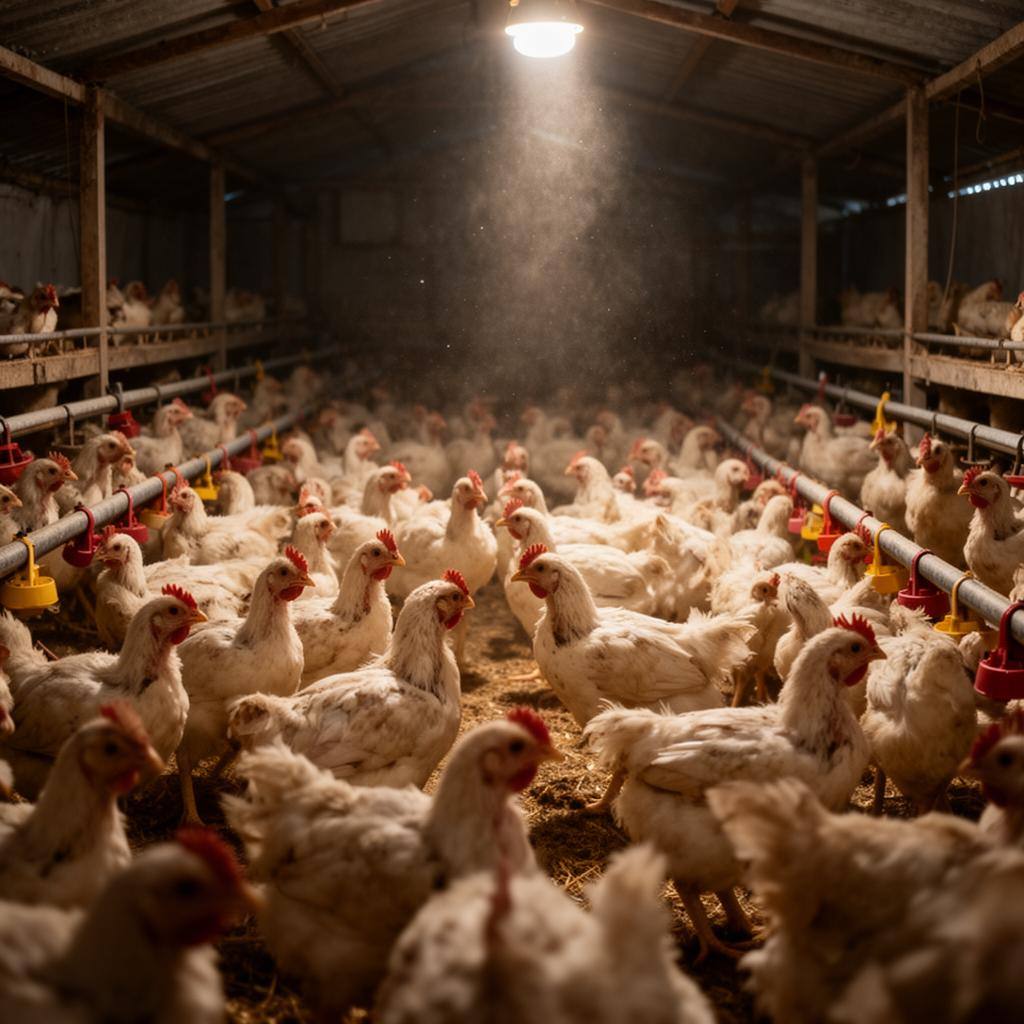 Pollos de engorde hacinados en un galpón industrial oscuro en Colombia.