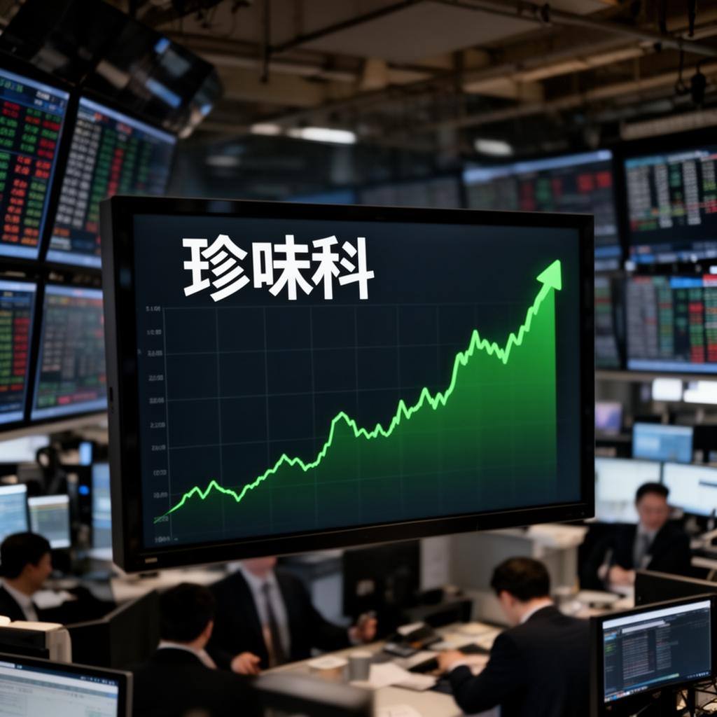 证券交易所屏幕显示珍味科技股价上涨,背景是模糊的交易大厅。