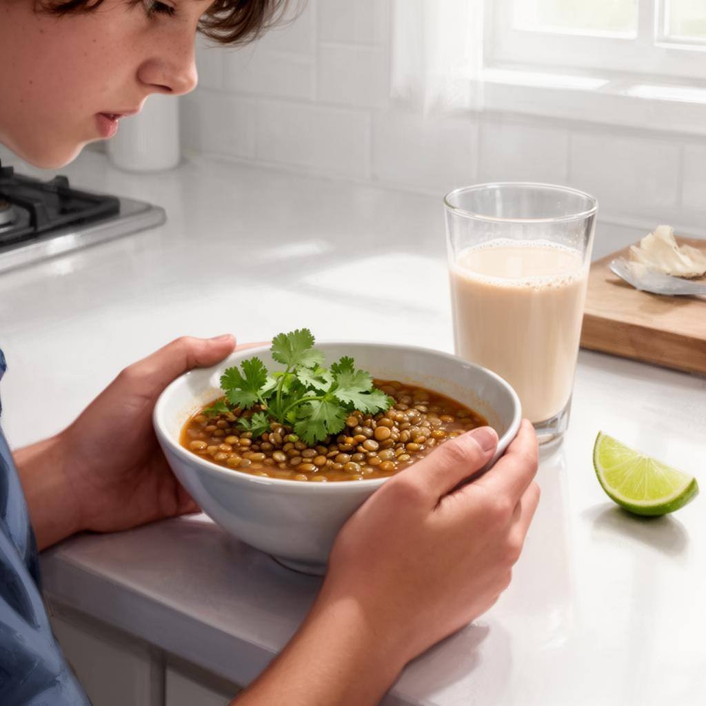 Adolescente sosteniendo un tazón de estofado de lentejas con acompañamiento de leche de soja
